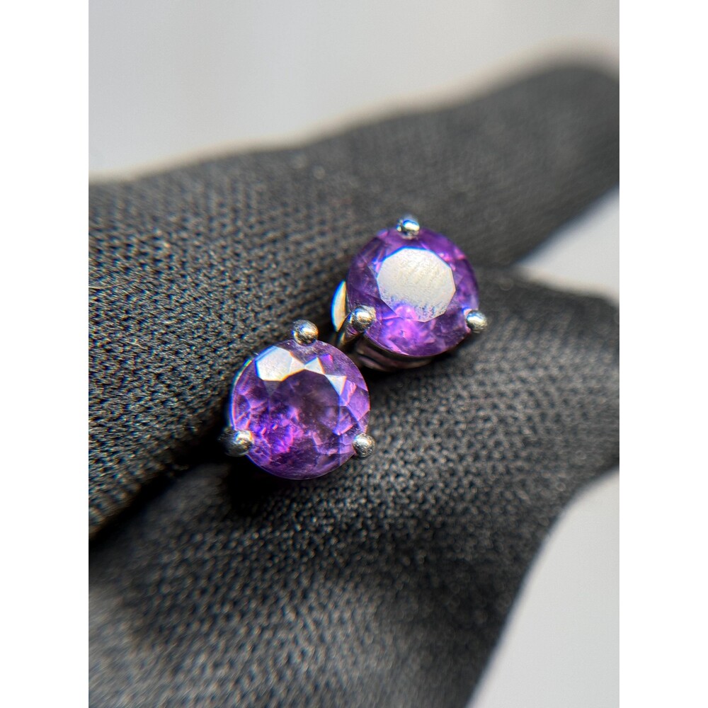 Sterling Silver Amethyst Stud Earrings Round Faceted Purple Gemstone - Picture 9 of 14